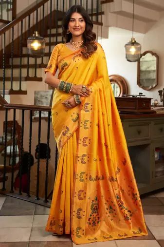 Yellow silk blend banarasi saree with unstitched blouse piece