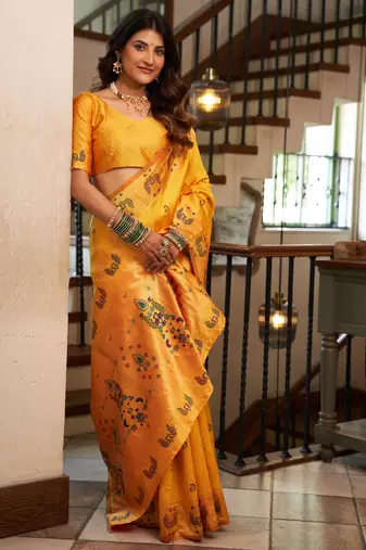 Yellow silk blend banarasi saree with unstitched blouse piece