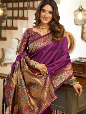 Purple silk blend banarasi saree with unstitched blouse piece 1