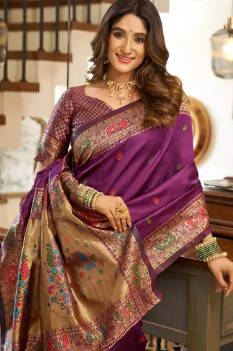Purple silk blend banarasi saree with unstitched blouse piece