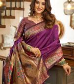 Purple silk blend banarasi saree with unstitched blouse piece