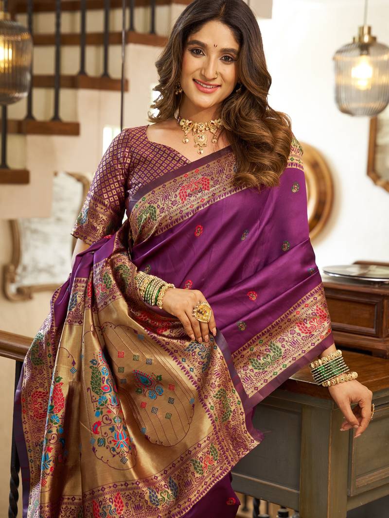 Purple soft silk blend banarasi jacuard work designer party wear saree with unstitched blouse piece