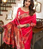 Pink silk blend banarasi saree with unstitched blouse piece