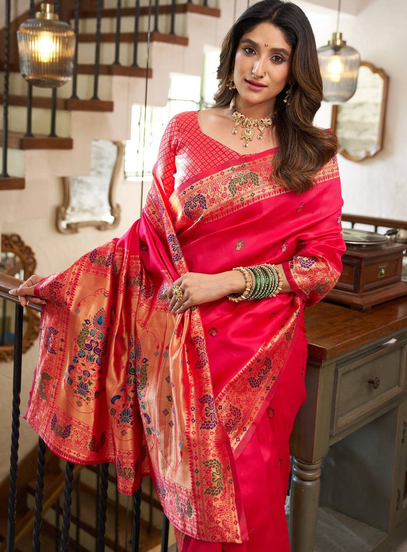 Pink soft silk blend banarasi jacuard work designer party wear saree with unstitched blouse piece