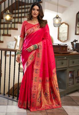 Pink silk blend banarasi saree with unstitched blouse piece 2