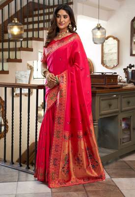 Pink silk blend banarasi saree with unstitched blouse piece 3