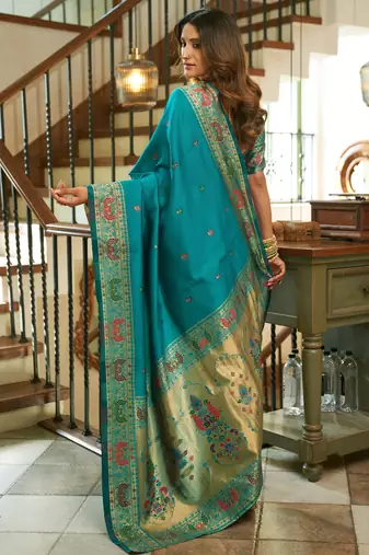 Rama silk blend banarasi saree with unstitched blouse piece