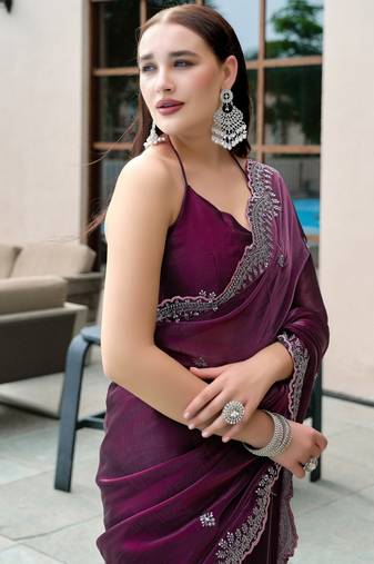 Wine soft shimmer chiffon embroidery work designer party wear festive saree with unstitched blouse piece
