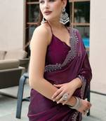 Wine shimmer chiffon embroidery saree with unstitched blouse piece