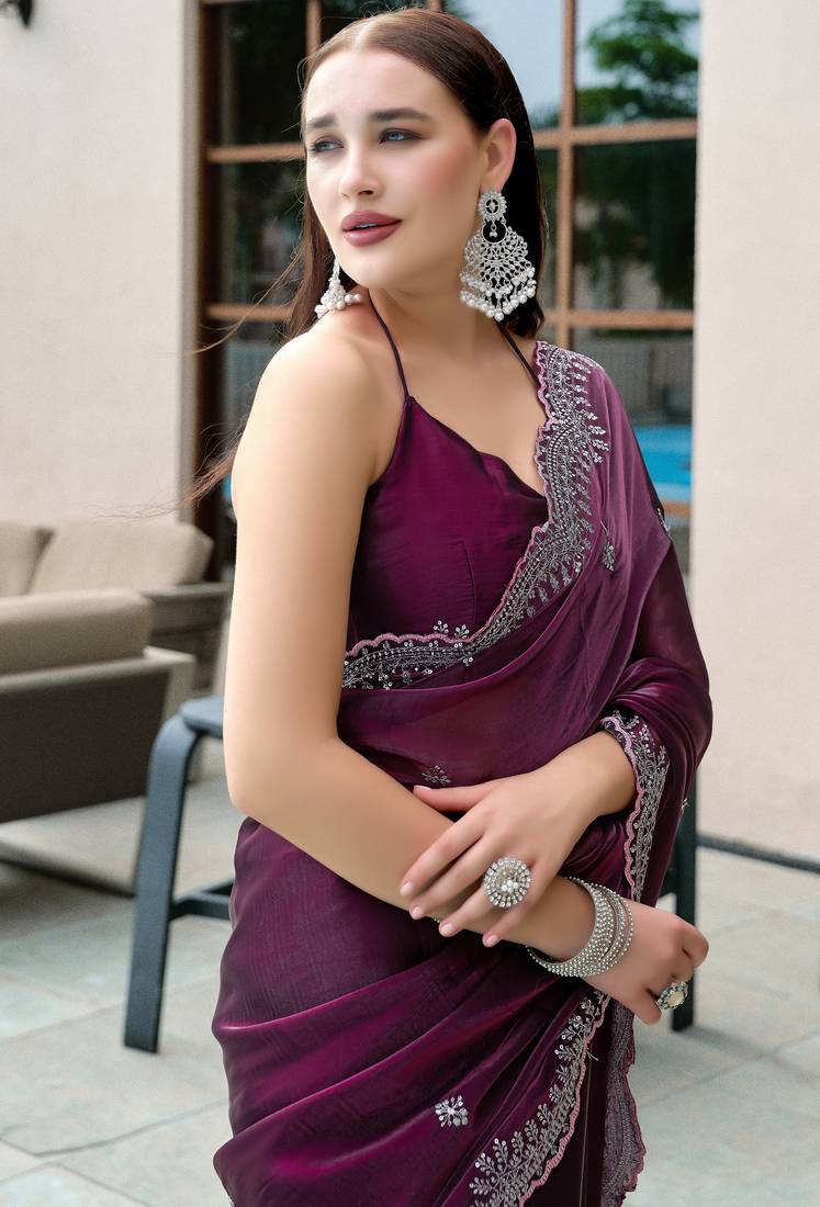 Wine soft shimmer chiffon embroidery work designer party wear festive saree with unstitched blouse piece
