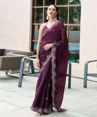 Wine shimmer chiffon embroidery saree with unstitched blouse piece 2