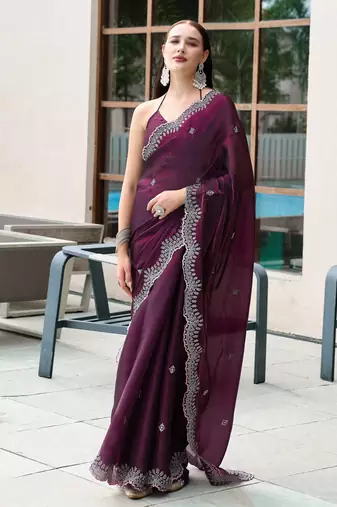 Wine shimmer chiffon embroidery saree with unstitched blouse piece