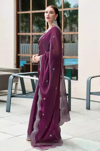 Wine shimmer chiffon embroidery saree with unstitched blouse piece