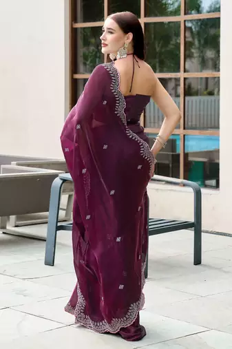 Wine shimmer chiffon embroidery saree with unstitched blouse piece