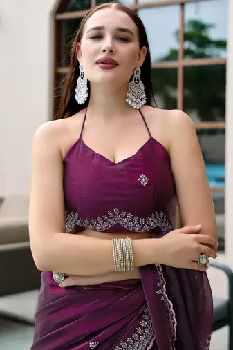Wine shimmer chiffon embroidery saree with unstitched blouse piece