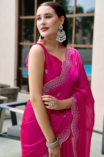 Rani pink shimmer chiffon embroidery saree with unstitched blouse piece