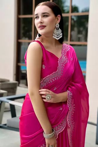Rani pink shimmer chiffon embroidery saree with unstitched blouse piece