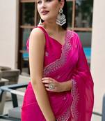 Rani pink shimmer chiffon embroidery saree with unstitched blouse piece