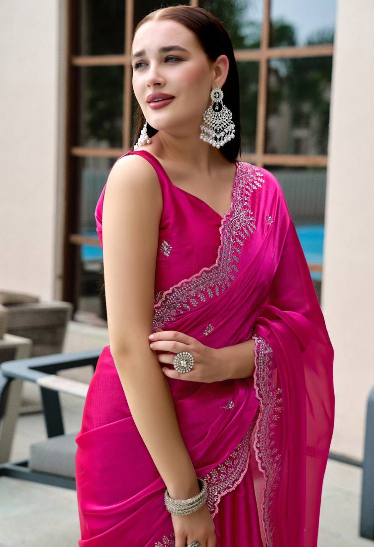 Rani pink soft shimmer chiffon embroidery work designer party wear festive saree with unstitched blouse piece