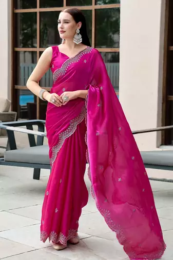 Rani pink shimmer chiffon embroidery saree with unstitched blouse piece