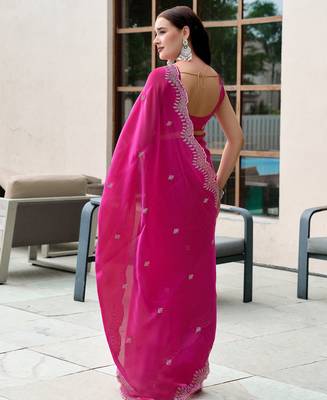 Rani pink shimmer chiffon embroidery saree with unstitched blouse piece 4