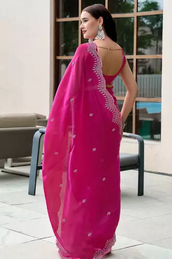Rani pink shimmer chiffon embroidery saree with unstitched blouse piece