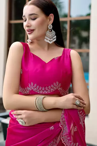 Rani pink shimmer chiffon embroidery saree with unstitched blouse piece