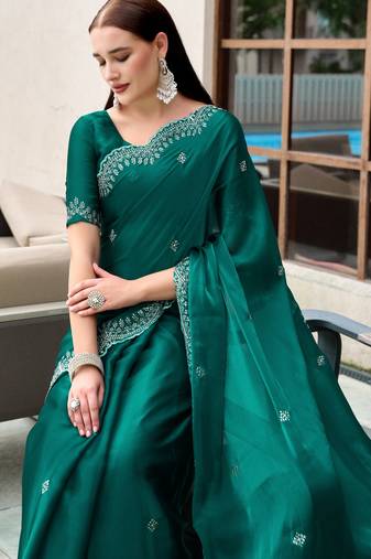 Bottle green soft shimmer chiffon embroidery work designer party wear festive saree with unstitched blouse piece