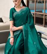 Bottle green soft shimmer chiffon embroidery work designer party wear festive saree with unstitched blouse piece