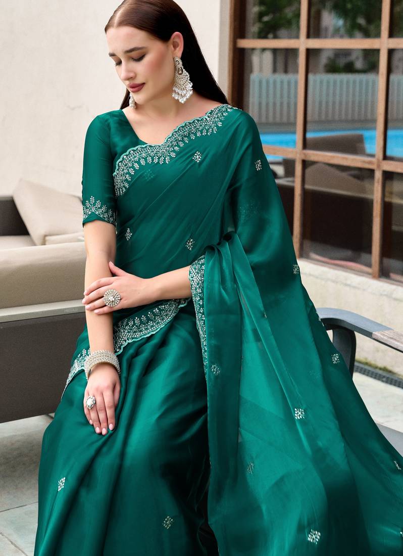 Bottle green soft shimmer chiffon embroidery work designer party wear festive saree with unstitched blouse piece