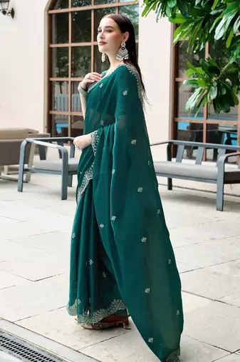 Bottle green shimmer chiffon embroidery saree with unstitched blouse piece