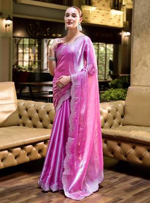 Baby pink shimmer chiffon embroidery saree with unstitched blouse piece 1