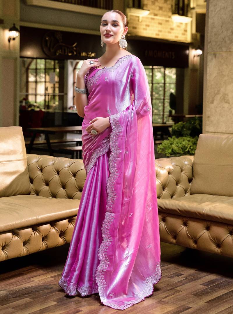 Baby pink soft shimmer chiffon embroidery work designer party wear festive saree with unstitched blouse piece