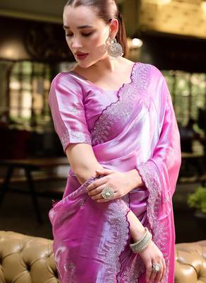 Baby pink shimmer chiffon embroidery saree with unstitched blouse piece 2