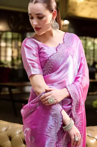 Baby pink shimmer chiffon embroidery saree with unstitched blouse piece