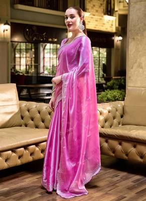 Baby pink shimmer chiffon embroidery saree with unstitched blouse piece 3