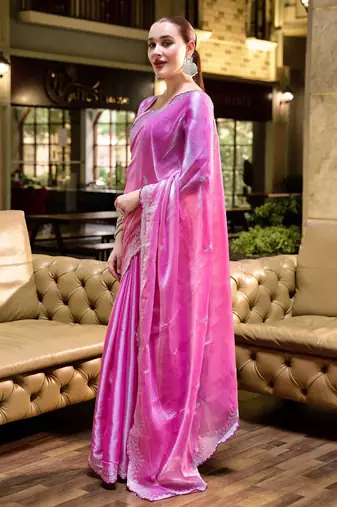 Baby pink shimmer chiffon embroidery saree with unstitched blouse piece