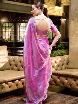 Baby pink shimmer chiffon embroidery saree with unstitched blouse piece 4