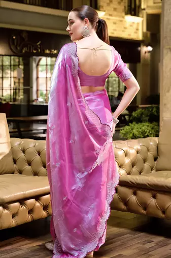 Baby pink shimmer chiffon embroidery saree with unstitched blouse piece