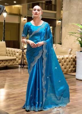 Turquoise shimmer chiffon embroidery saree with unstitched blouse piece 1
