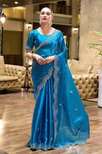 Turquoise soft shimmer chiffon embroidery work designer party wear festive saree with unstitched blouse piece