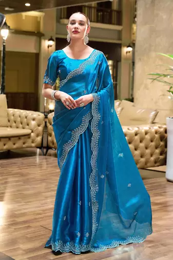 Turquoise soft shimmer chiffon embroidery work designer party wear festive saree with unstitched blouse piece