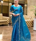 Turquoise soft shimmer chiffon embroidery work designer party wear festive saree with unstitched blouse piece