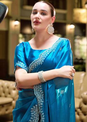 Turquoise shimmer chiffon embroidery saree with unstitched blouse piece 3