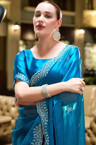 Turquoise shimmer chiffon embroidery saree with unstitched blouse piece