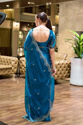 Turquoise shimmer chiffon embroidery saree with unstitched blouse piece 4