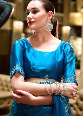 Turquoise shimmer chiffon embroidery saree with unstitched blouse piece 5