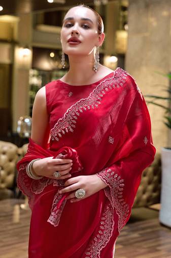 Red soft shimmer chiffon embroidery work designer party wear festive saree with unstitched blouse piece