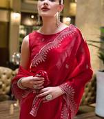 Red shimmer chiffon embroidery saree with unstitched blouse piece