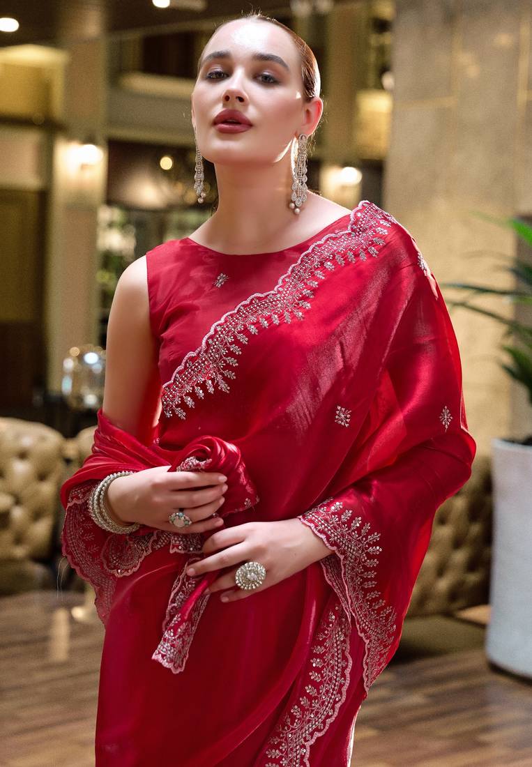 Red soft shimmer chiffon embroidery work designer party wear festive saree with unstitched blouse piece